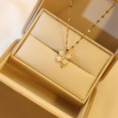 Opal stone colorful clover pendant stainless steel chain necklace