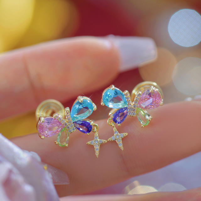 Colorful cubic zircon butterfly chic women studs earrings clip on earrings