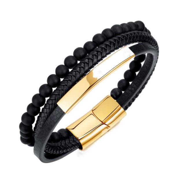 Vintage layer glass bead pu leather bracelet for men