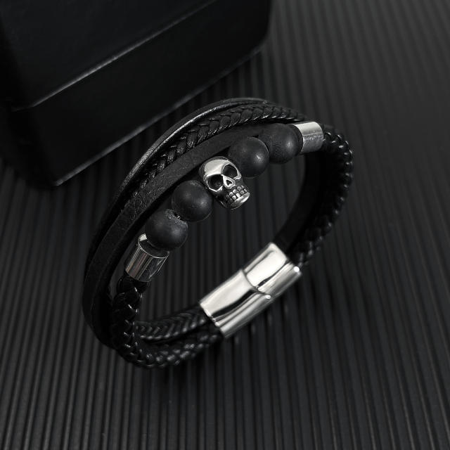 Vintage Volcanic rock bead PU leather bracelet for men