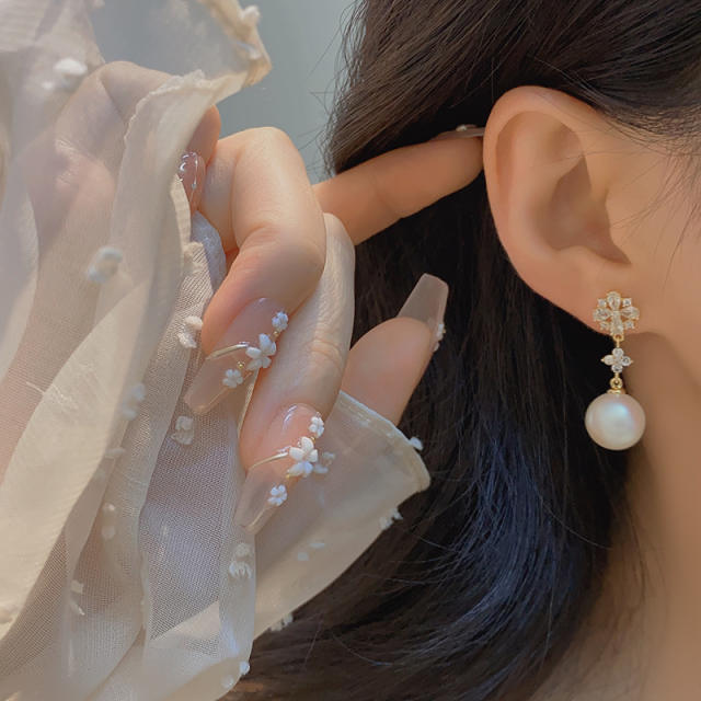 Elegant pearl drop cubic zircon copper long earrings