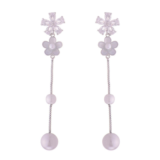 Delicate cubic zircon flower enamel long earrings