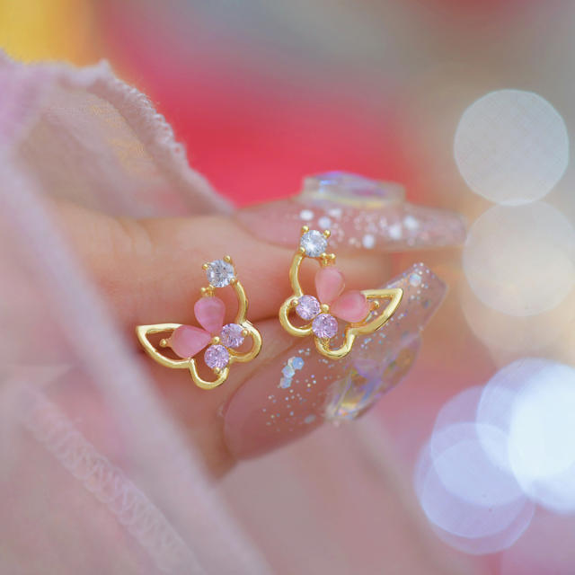 Tiny korean fashion opal stone butterfly studs earrings