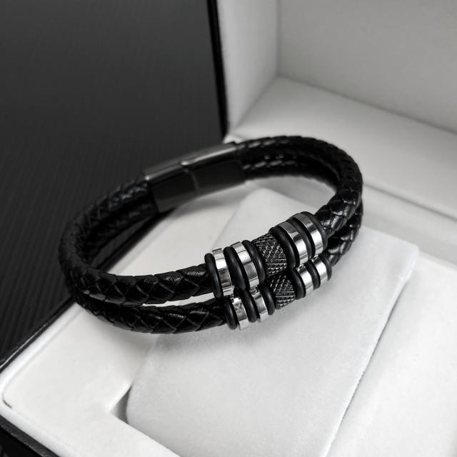 Vintage black color PU leather men bracelet