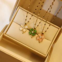 Opal stone colorful clover pendant stainless steel chain necklace