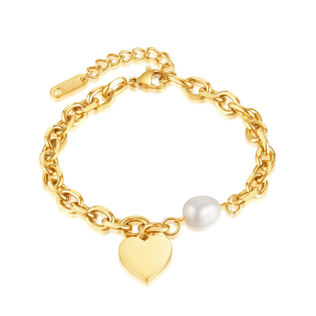 Chic pearl bead heart charm stainless steel chain bracelet