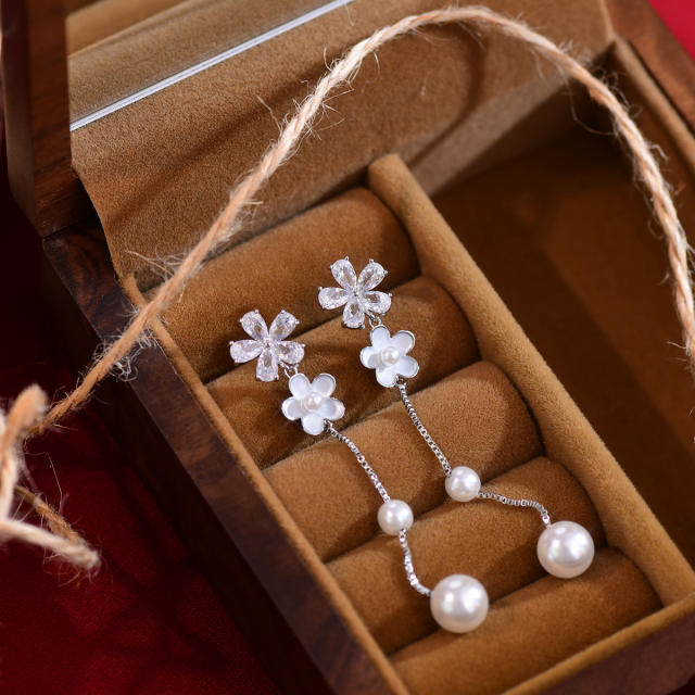 Delicate cubic zircon flower enamel long earrings