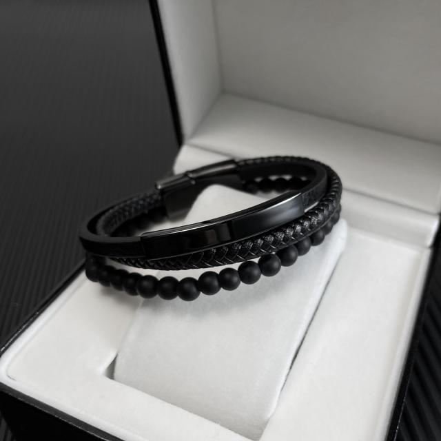 Vintage layer glass bead pu leather bracelet for men