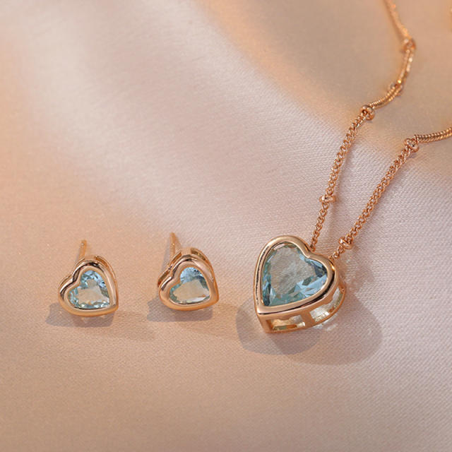 Dainty color heart cubic zircon stainless steel chain necklace earrings