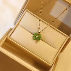 Opal stone colorful clover pendant stainless steel chain necklace