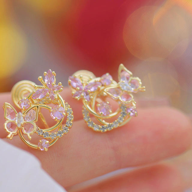 Delicate sweet color cubic zircon butterfly studs earrings clip on earrings