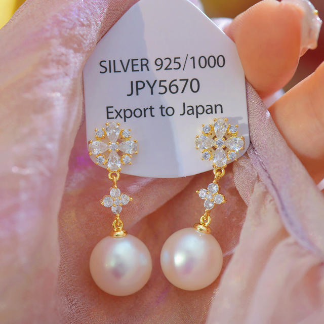 Elegant pearl drop cubic zircon copper long earrings