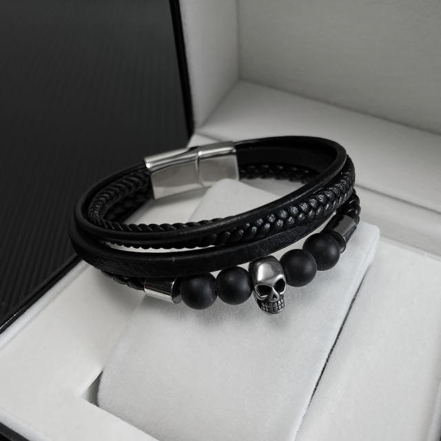 Vintage Volcanic rock bead PU leather bracelet for men
