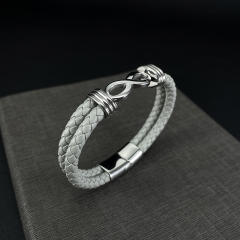 Popular stainless steel infinity symbol PU leather bracelet for men