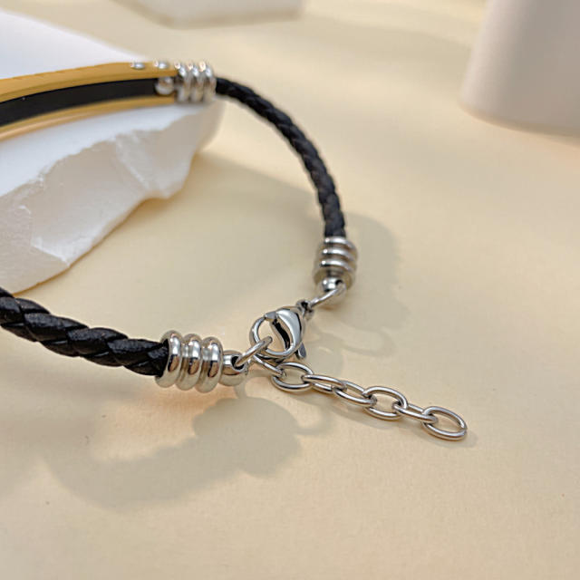 Vintage PU leather braid stainless steel bracelet for men