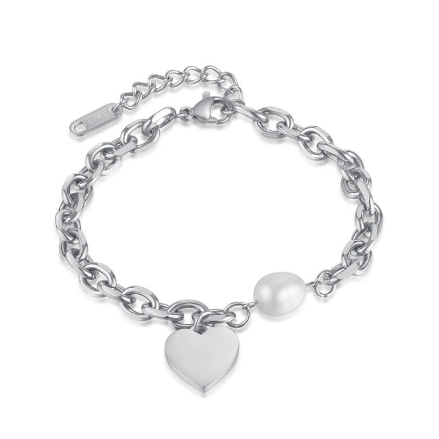 Chic pearl bead heart charm stainless steel chain bracelet