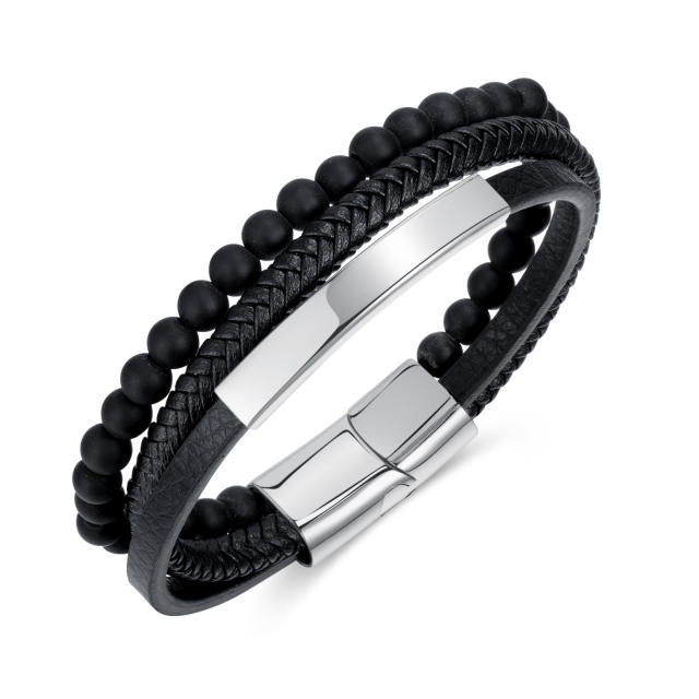 Vintage layer glass bead pu leather bracelet for men