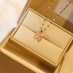Opal stone colorful clover pendant stainless steel chain necklace