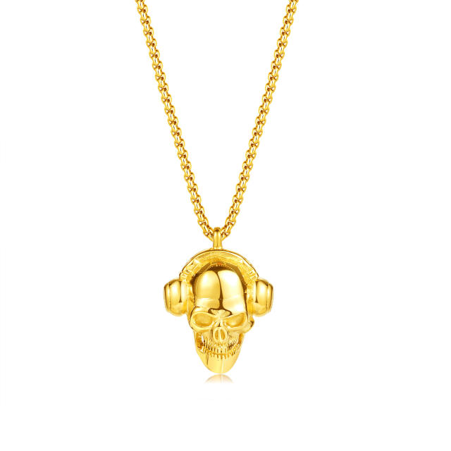 Hiphop headphone skull head pendant stainless steel necklace for men