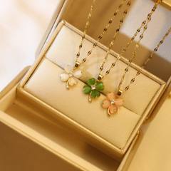 Opal stone colorful clover pendant stainless steel chain necklace
