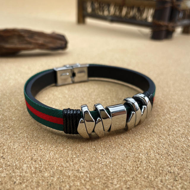 Creative PU leather stainless steel bangle for men