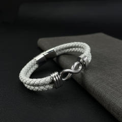 Popular stainless steel infinity symbol PU leather bracelet for men