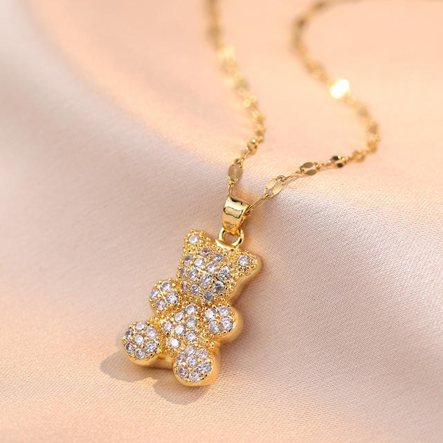 Diamond bear pendant stainless steel chain necklace