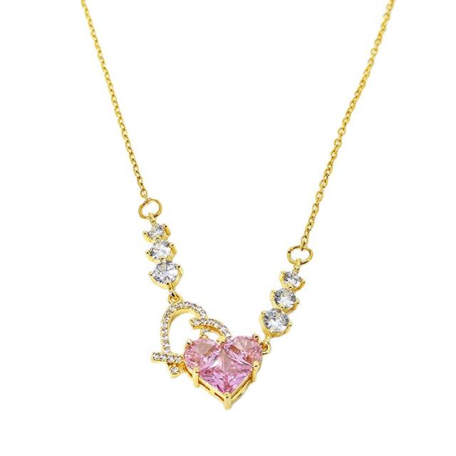 Dainty pink cubic zircon heart copper necklace