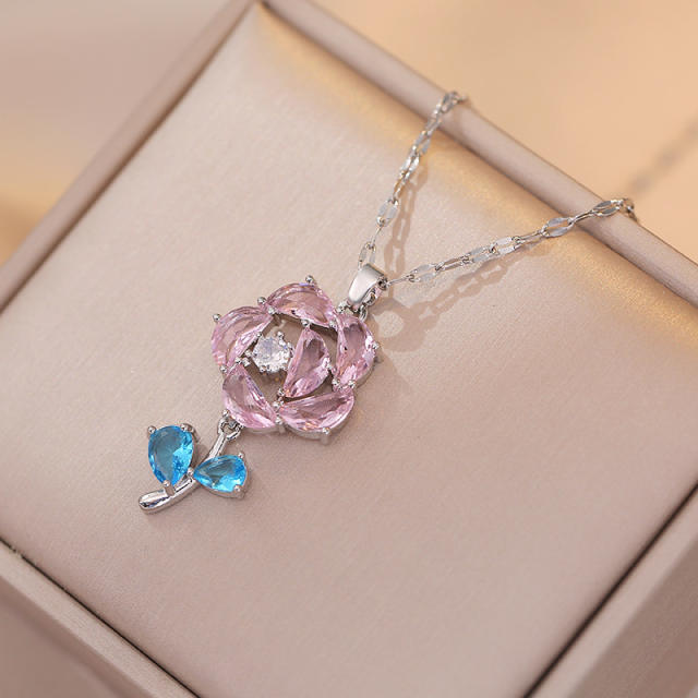 Korean fashion pink cubic zircon rose flower pendant stainless steel chain necklace