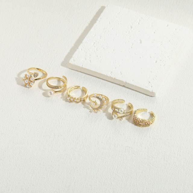 INS trend luxury cubic zircon pearl bead copper adjustable rings