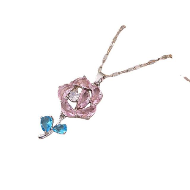 Korean fashion pink cubic zircon rose flower pendant stainless steel chain necklace