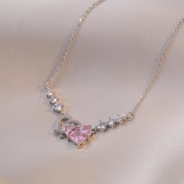 Dainty pink cubic zircon heart copper necklace