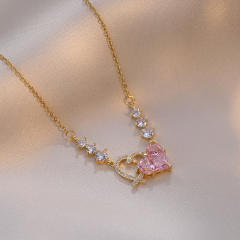 Dainty pink cubic zircon heart copper necklace