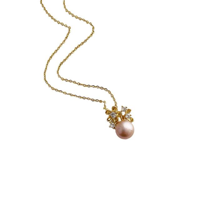 14K dainty pearl flower pendant necklace for women