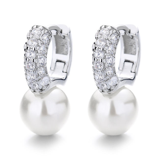 Elegant diamond pearl copper huggie earrings