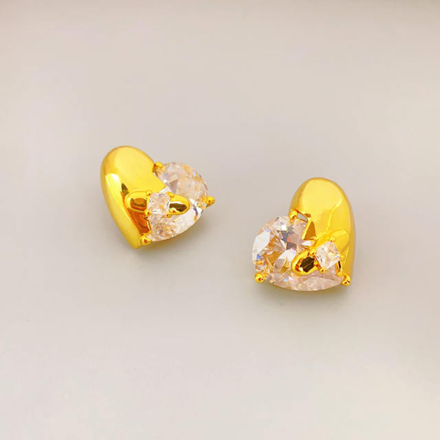 Korean fashion cubic zircon heart gold plated copper earrings