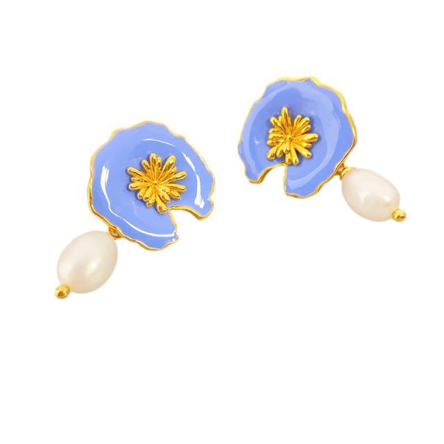 Vintage light blue enamel flower pearl copper drop earrings