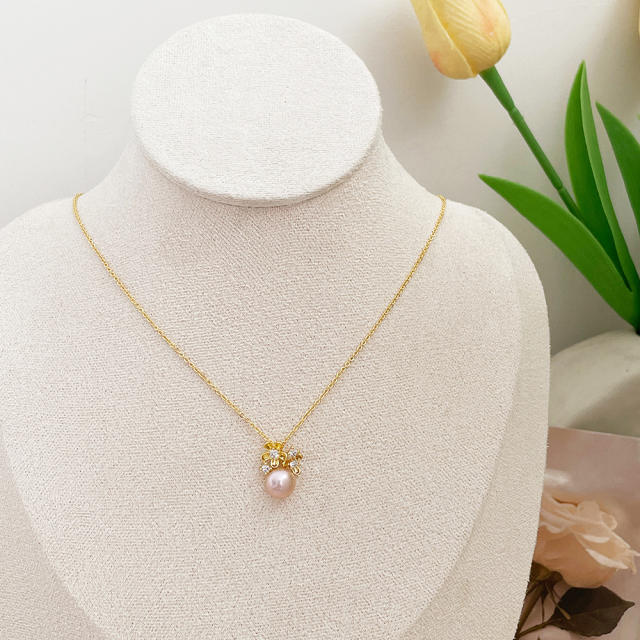 14K dainty pearl flower pendant necklace for women