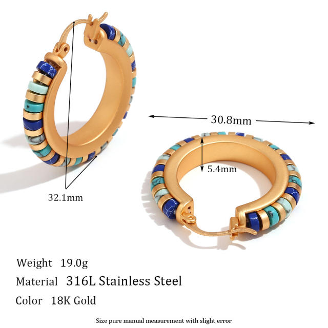Boho national blue color bead stainless steel hoop earrings