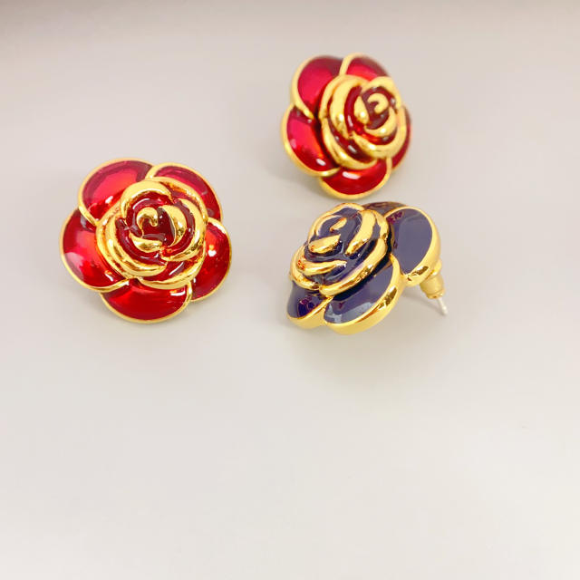 925 needle designer enamel camellia flower copper studs earrings