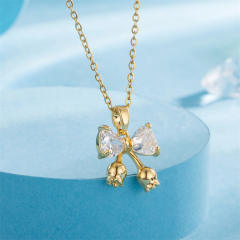 Sweet diamond bow pendant stainless steel chain necklace