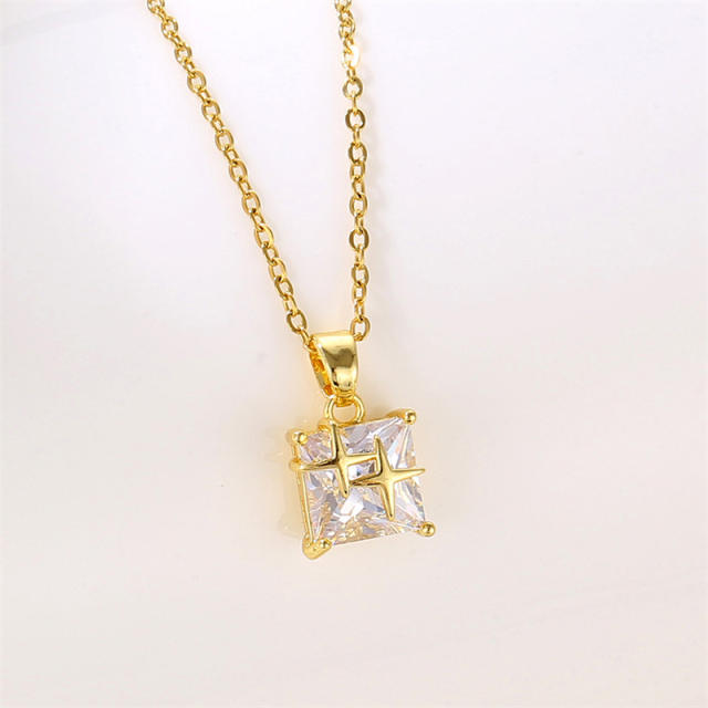 Delicate square cubic zircon gold star pendant stainless steel chain necklace