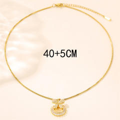 Delicate diamond bow circle pendant stainless steel chain necklace