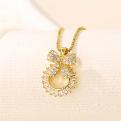 Delicate diamond bow circle pendant stainless steel chain necklace