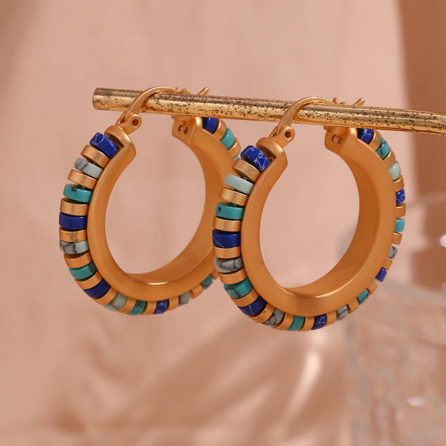 Boho national blue color bead stainless steel hoop earrings