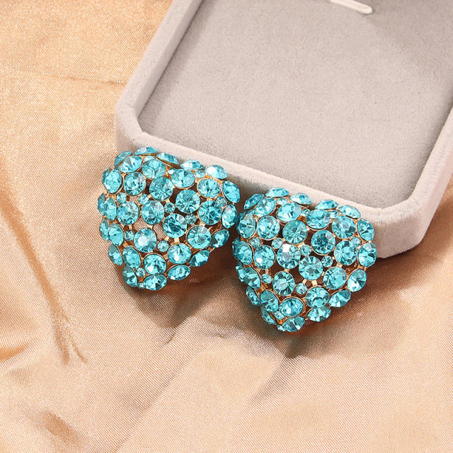 Delicate colorful rhinestone pave setting chunky heart studs earrings