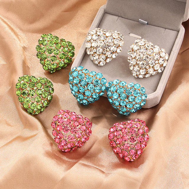 Delicate colorful rhinestone pave setting chunky heart studs earrings