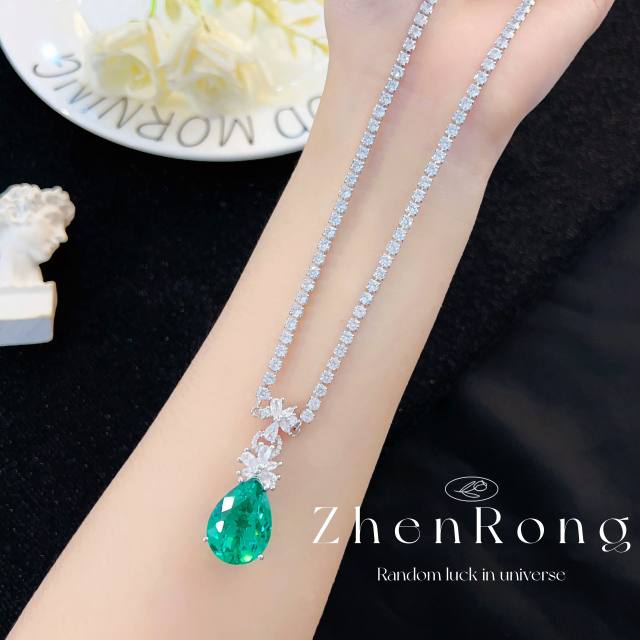 Elegant teardrop emerald pendant women necklace drop earrings set