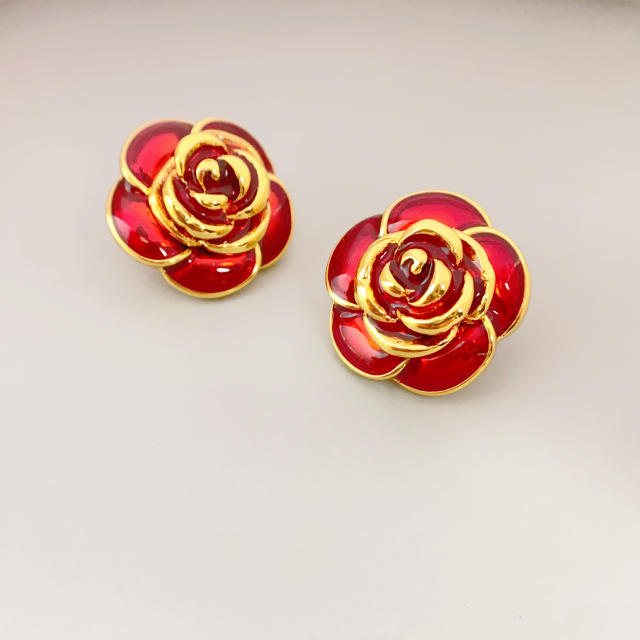 925 needle designer enamel camellia flower copper studs earrings