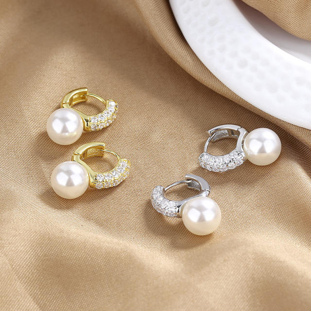 Elegant diamond pearl copper huggie earrings